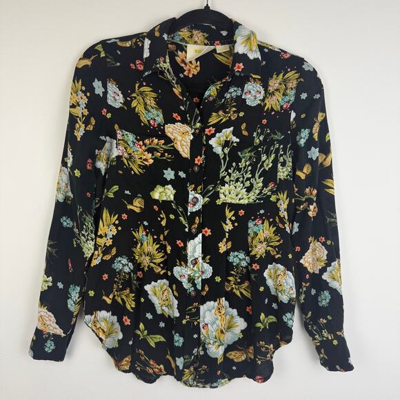 MAEVE By Anthropologie Womens Floral Print Button-Down Black/Yellow Blouse 4 - Picture 1 of 10